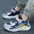 Boys' dark blue PU mesh sports running shoes with non-slip MD soles and Velcro fastening
