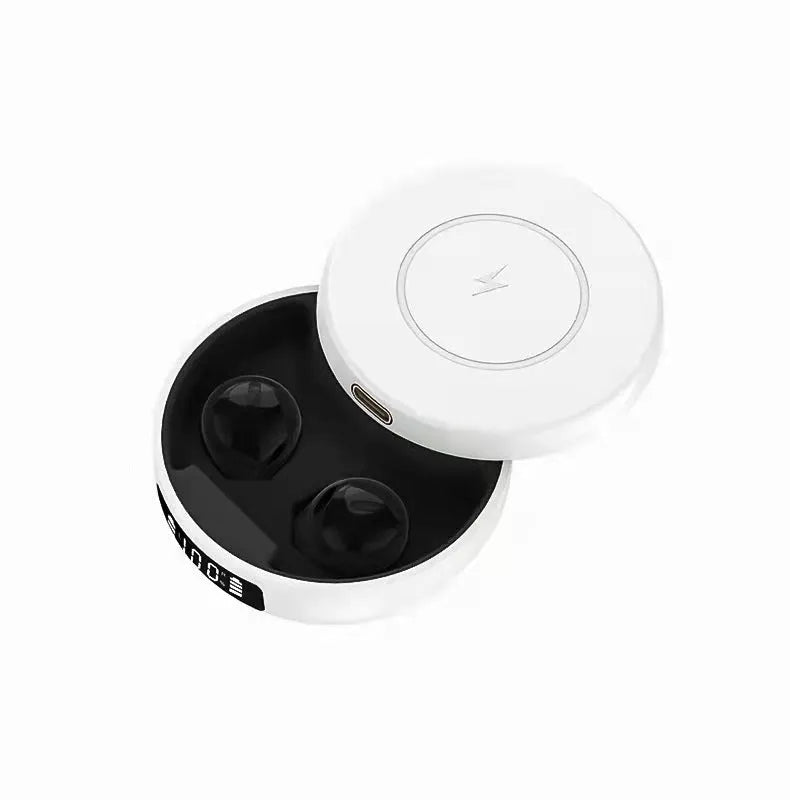 Mini small semi-in-ear wireless headphones in black, blue, or white with a matching charging case.
