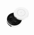 Mini small semi-in-ear wireless headphones in black, blue, or white with a matching charging case.