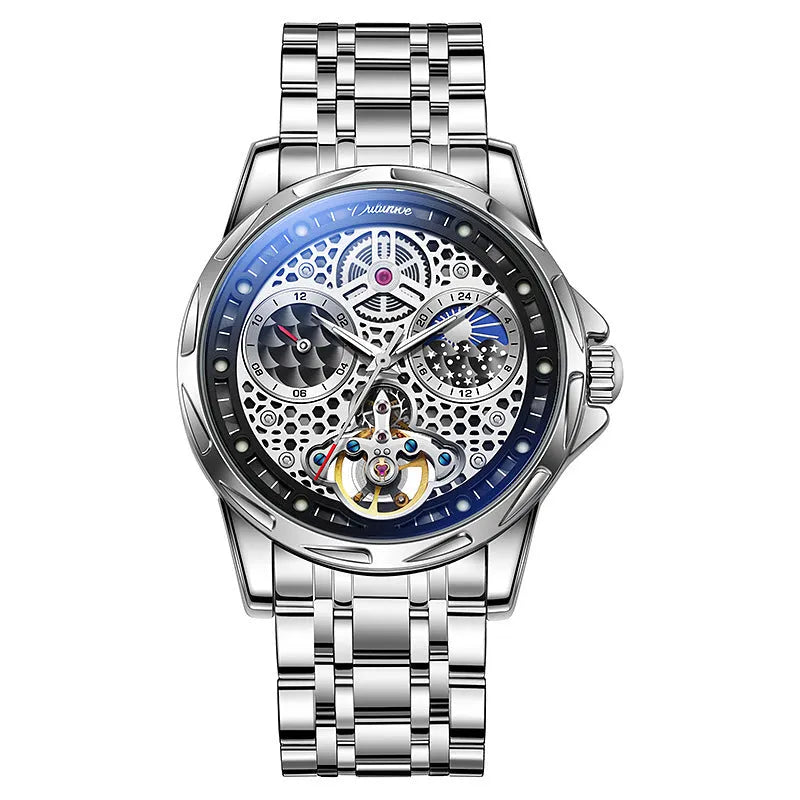 Men's automatic watch with luminous hands in steel case with leather strap option