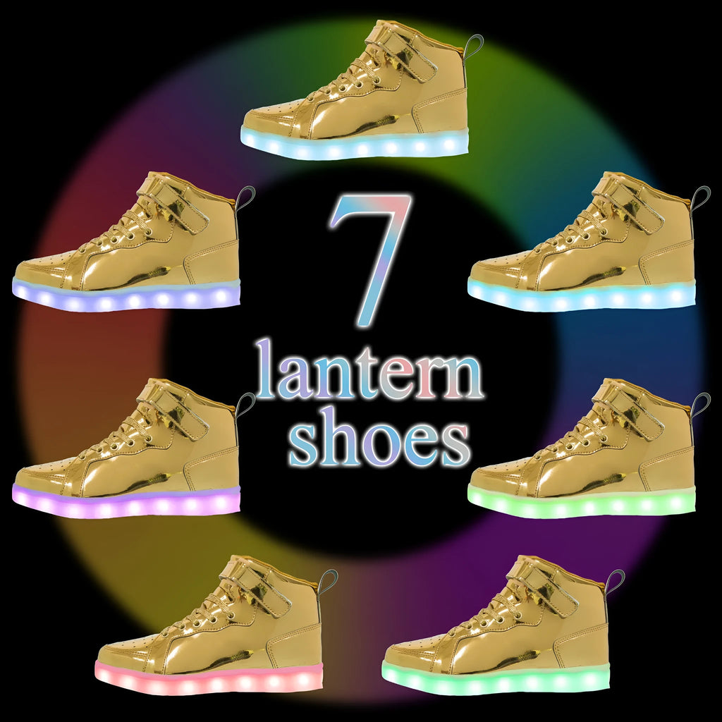 High-top trainer with LED lights on the side, Velcro strap closure, shown in gold colour.