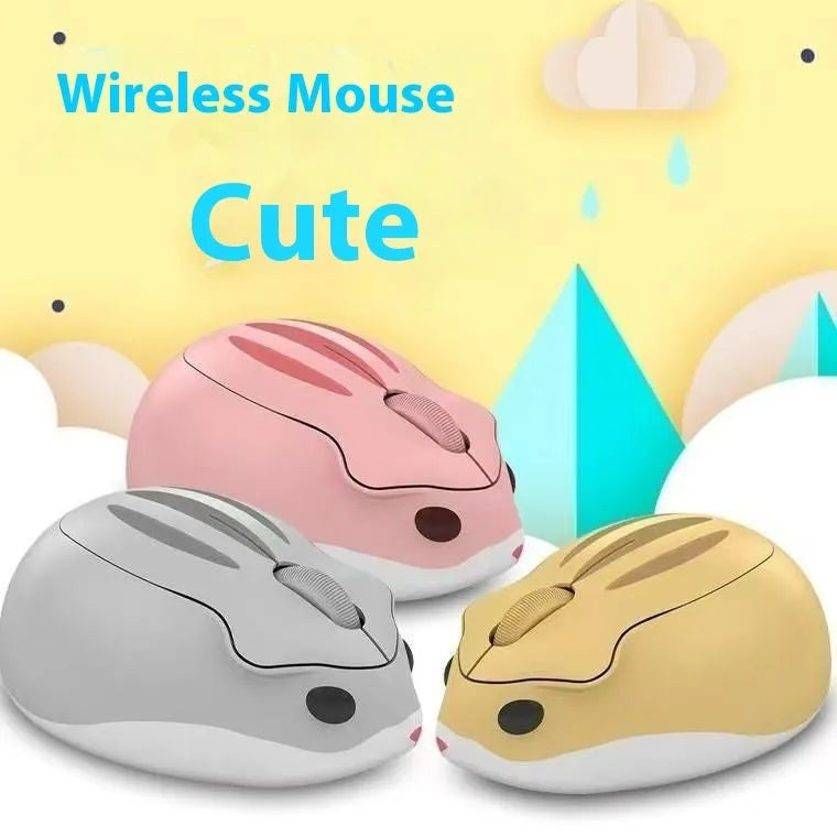 Hamster Bluetooth wireless mute mouse in yellow, pink, or gray colour showing compact 105x73x41mm size