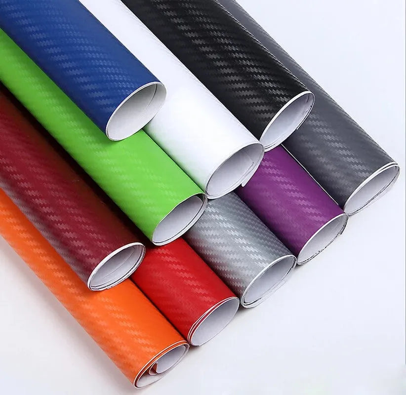 Roll of 3D carbon fiber car stickers showing eight colour options for vehicle interior and exterior decoration