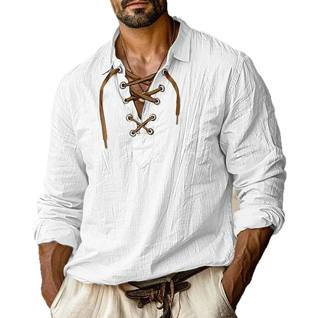 Men's plus size loose fit linen shirt with lapels and long sleeves in a solid colour.