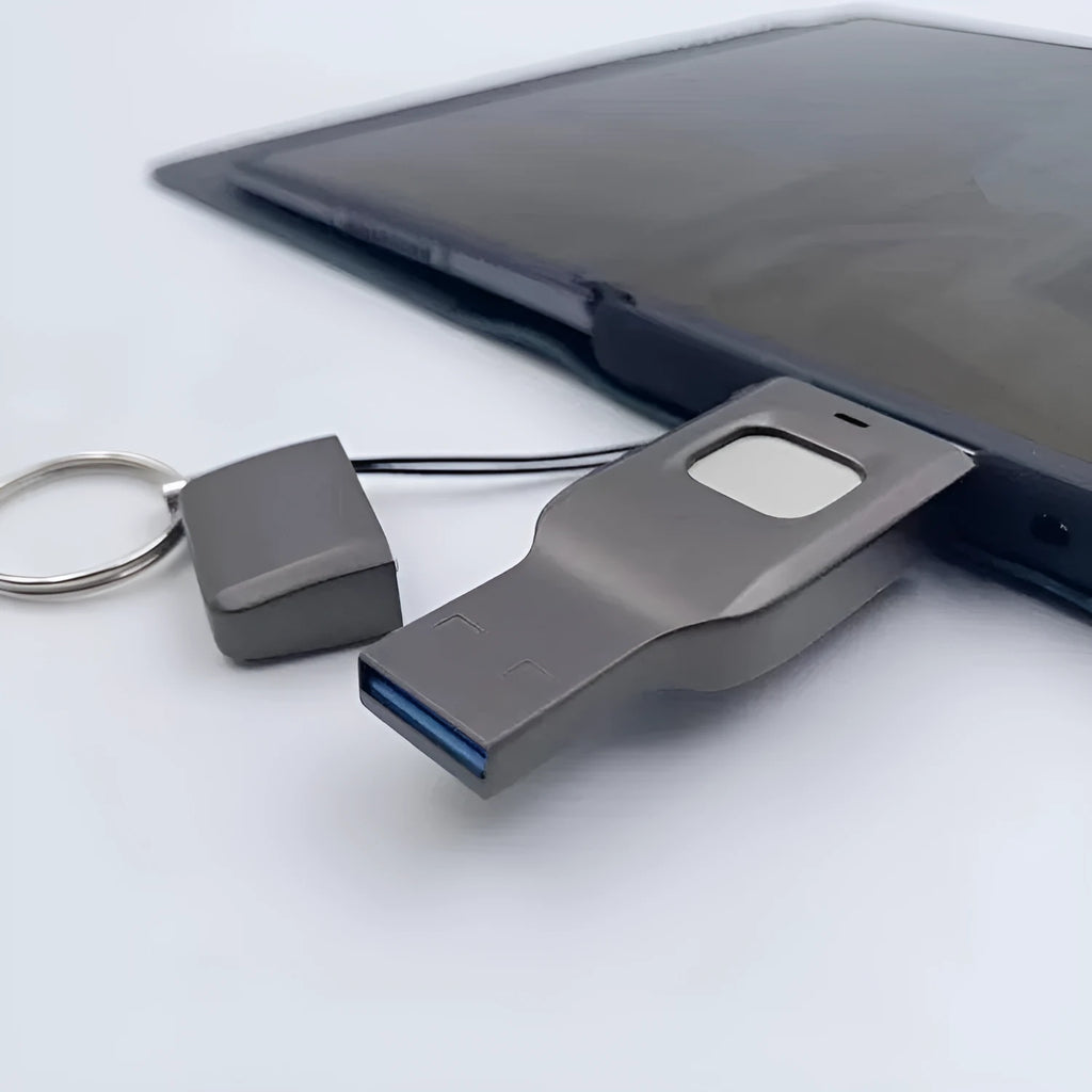 Black fingerprint encrypted USB flash drive showing USB 3.0 connector and Type-C interface with metal casing