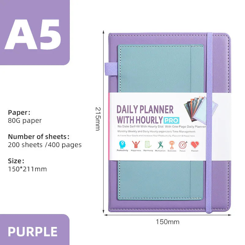 A5 notebook with purple PU cover closed by a black elastic strap