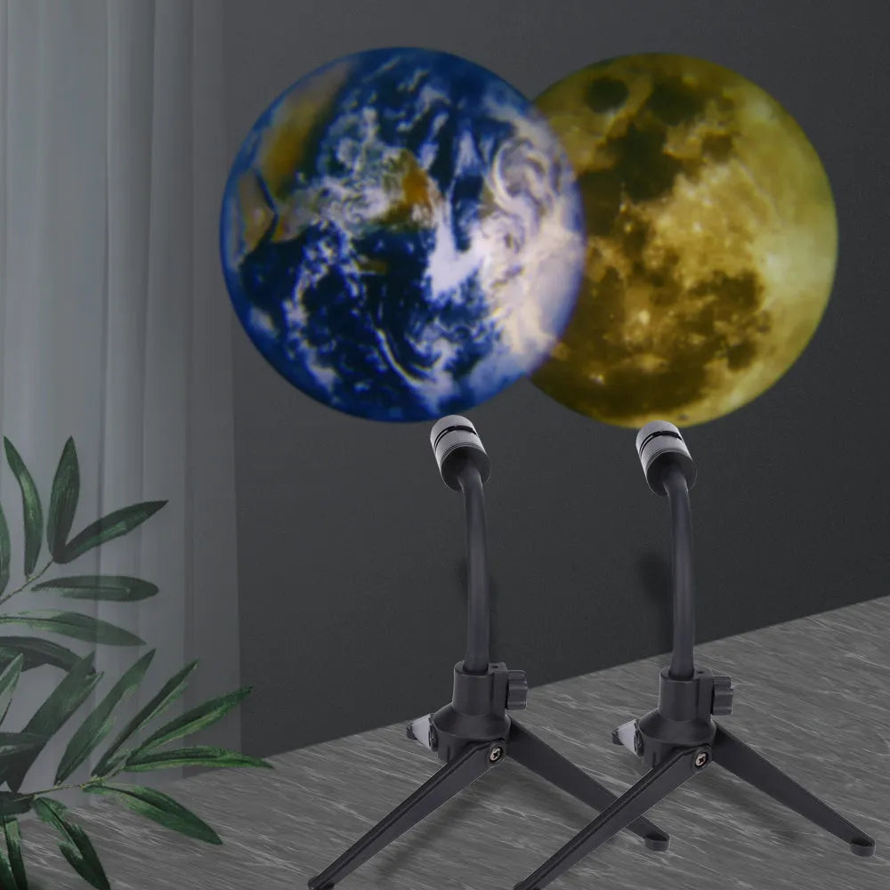 Earth and moon LED projector lamp on its adjustable hose bracket, showing USB cable.