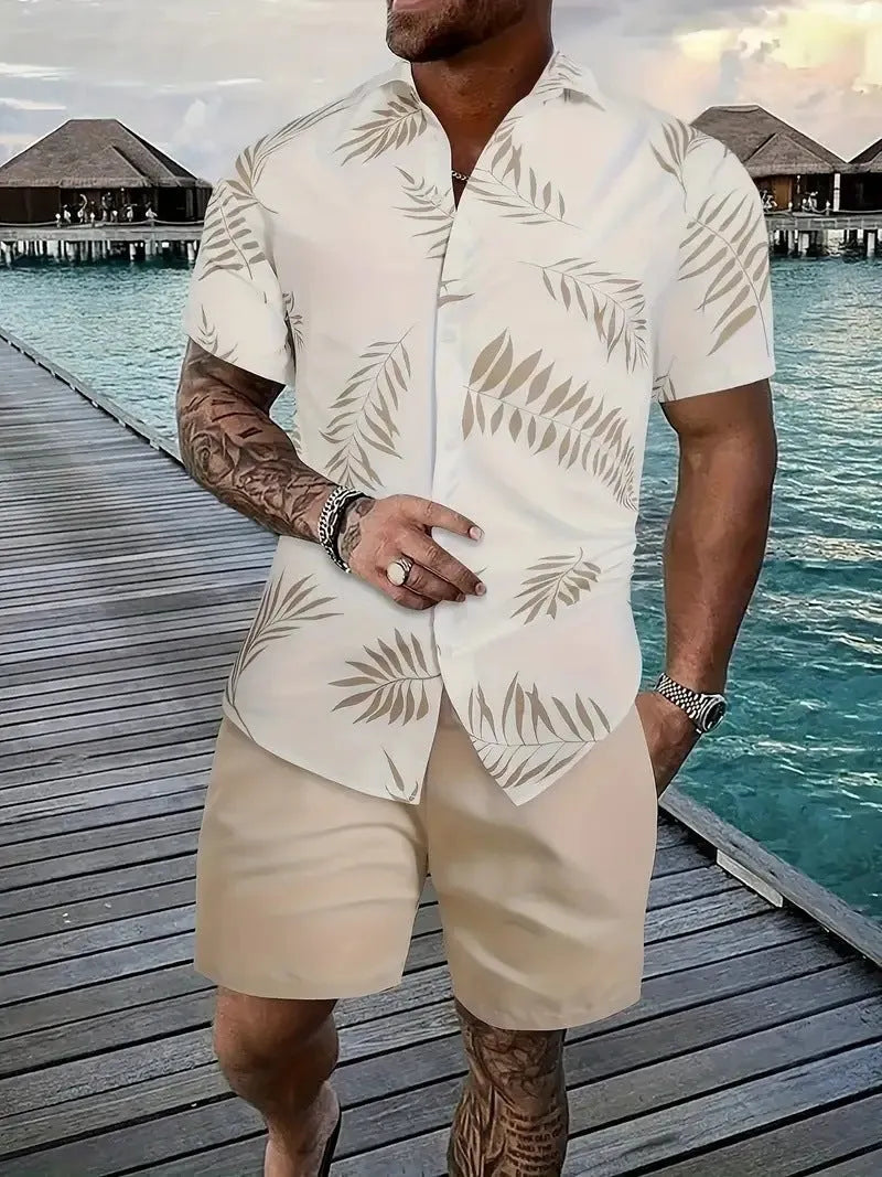 Men's Hawaii 3D printed short sleeve top and shorts leisure suit set on a hanger.