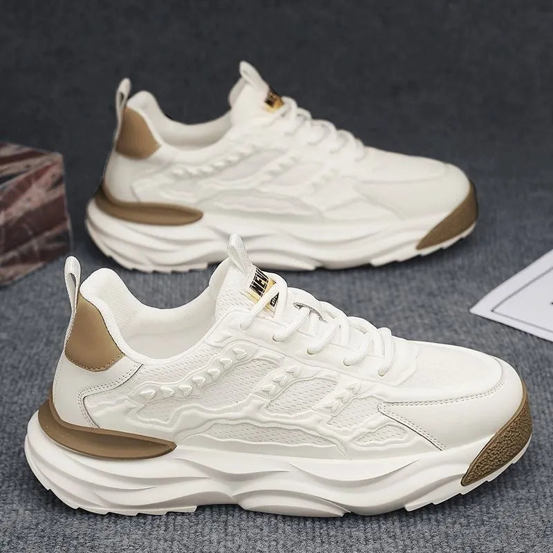 Men's white breathable mesh shoes with round toe and solid colour design