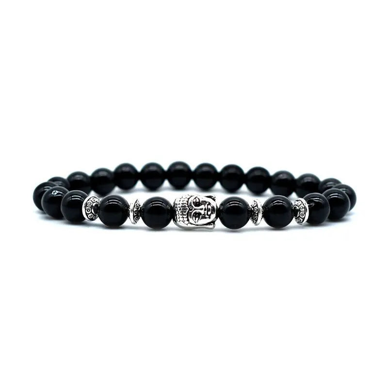 Tiger Eye bracelet with 19mm Buddha head charm, manual craft, unisex design.