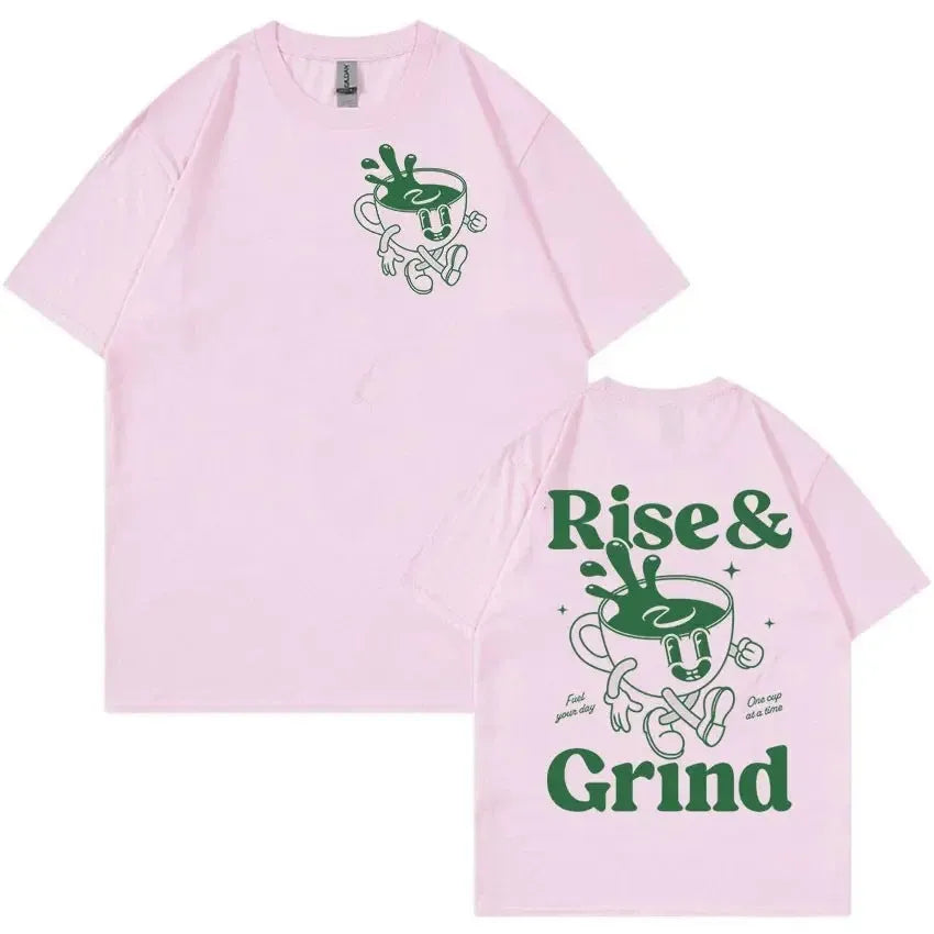 Men's black linen T-shirt with 'Rise And Grind Green Coffee' cartoon and text print in a loose fit