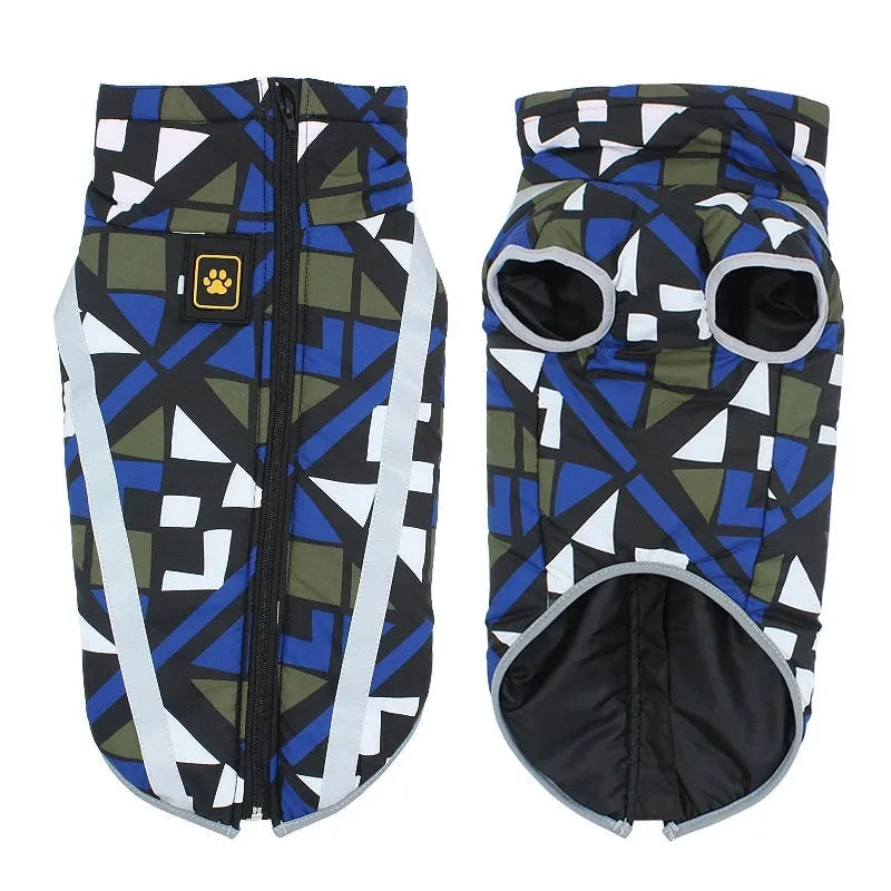 Reflective thick-shell dog jacket in geometric blue, graffiti black and white, or graffiti red patterns for XL to 6XL sizes
