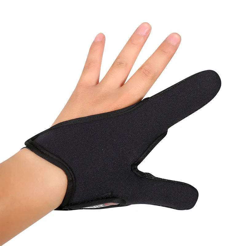 Two-finger fishing tackle glove in black colour, showing diving cloth back and microfiber palm material.