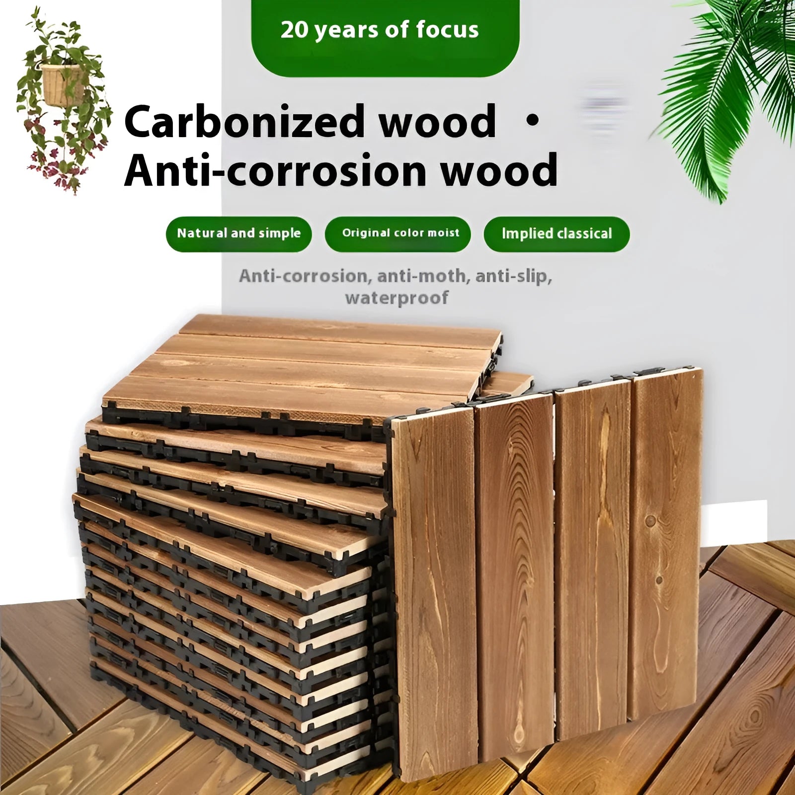 Four camphor pine wood flooring tiles showing 30cm square dimensions and wood grain texture