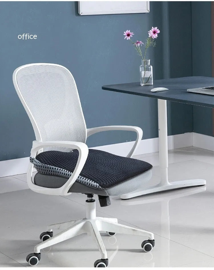 Memory foam seat cushion with strap fastening in black, grey, or milky white for car and office chairs.