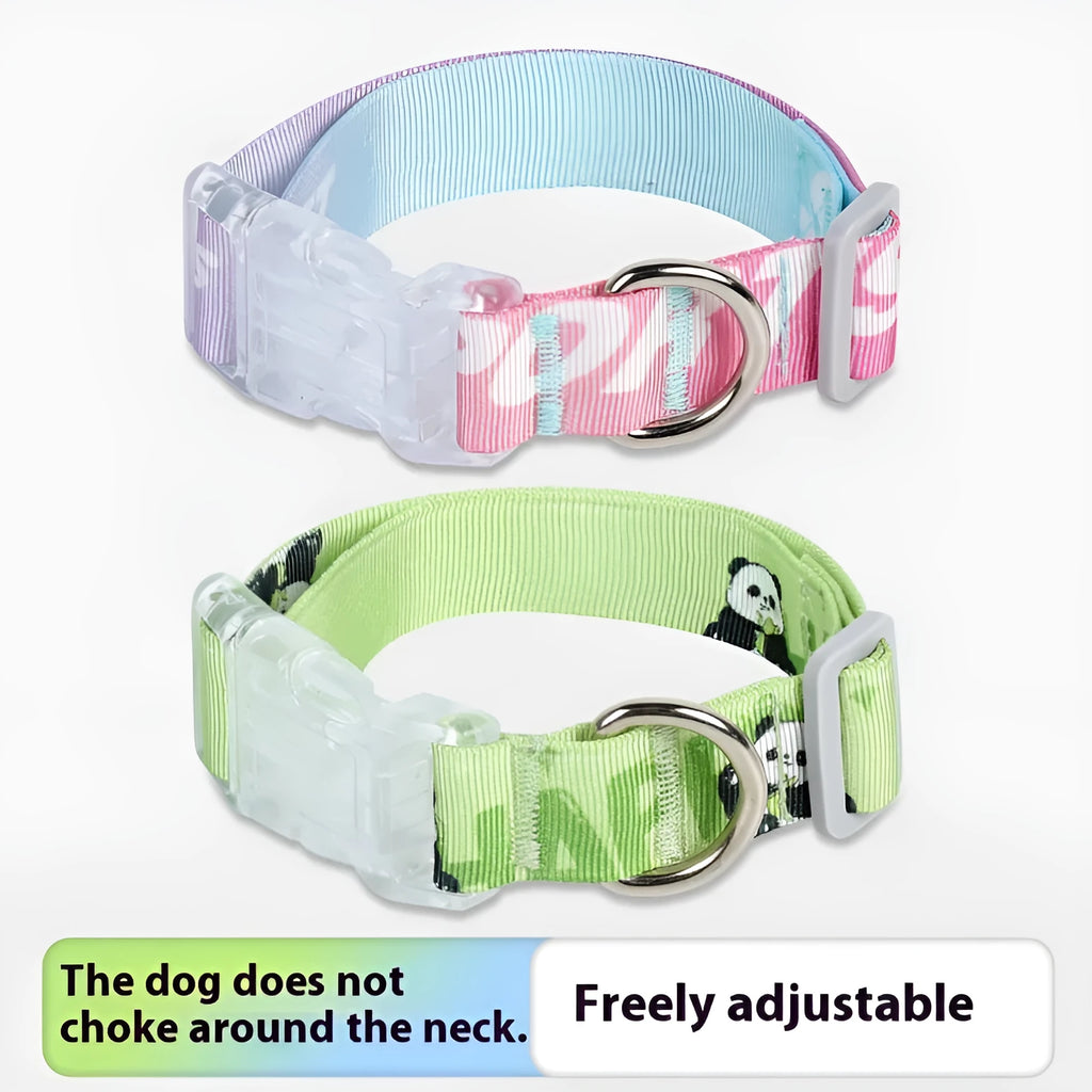 Adjustable nylon dog collar with cartoon gradient pattern in panda green colour showing plastic buckle closure