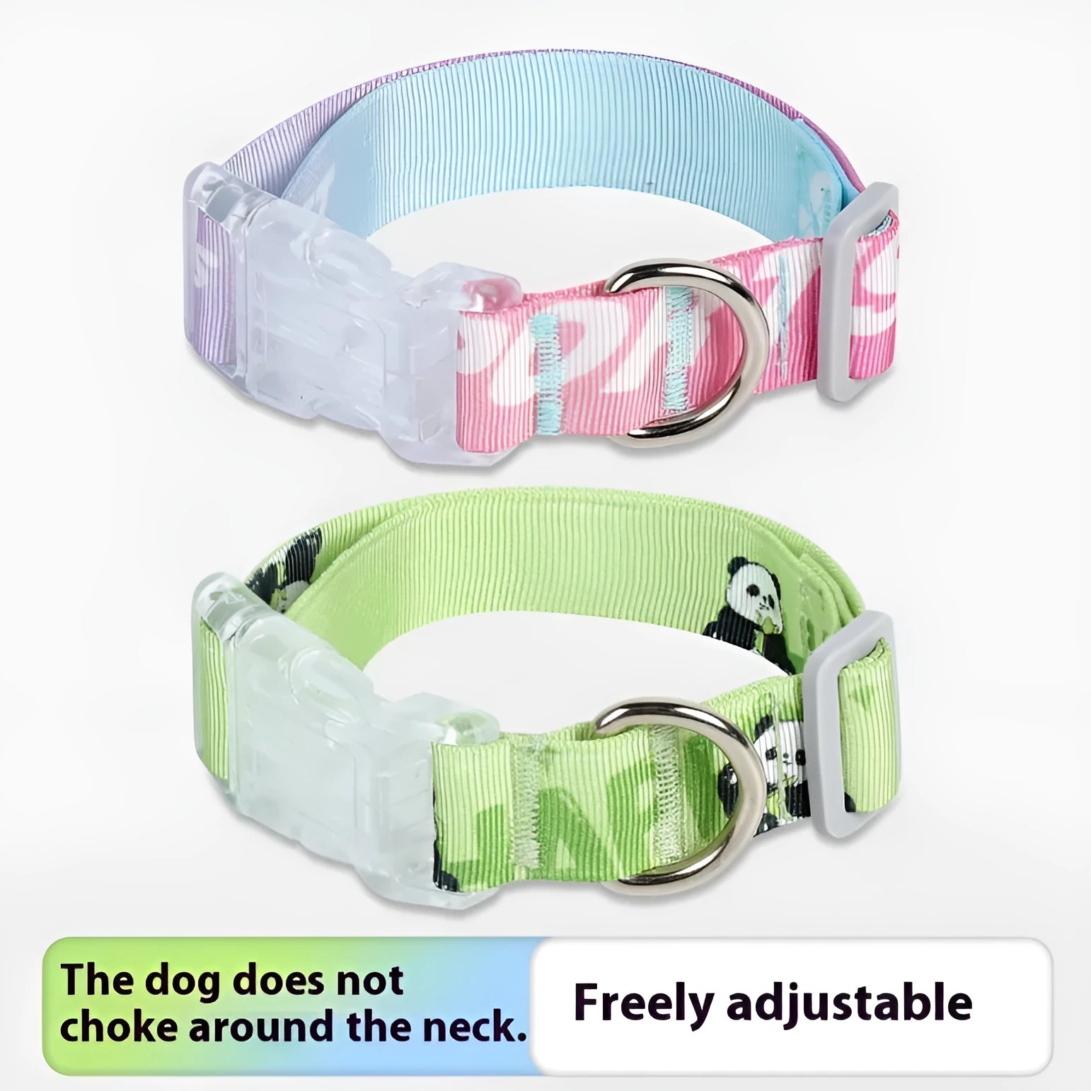 Adjustable nylon dog collar with cartoon gradient pattern in panda green colour showing plastic buckle closure