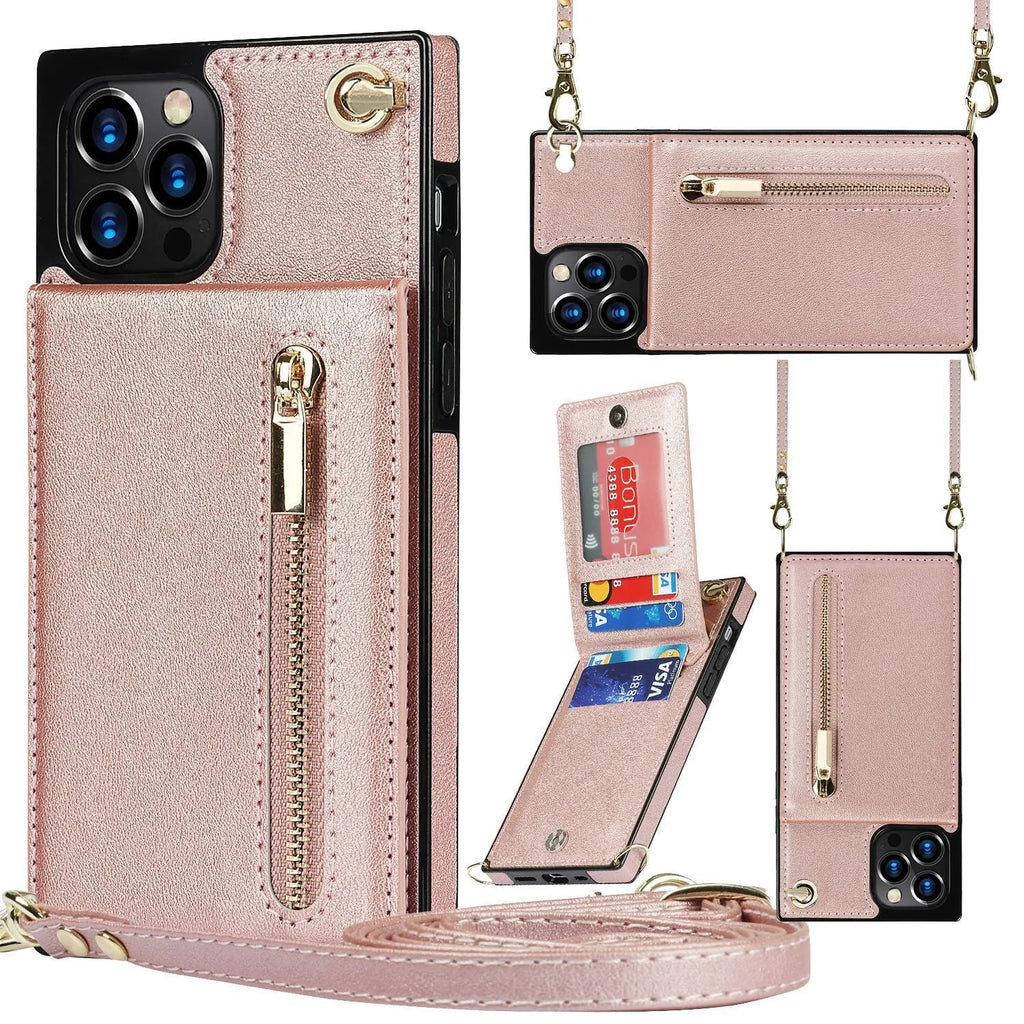 Solid colour leather and TPU mobile phone case in black, purple, green, red, or rose gold for iPhone and Samsung devices