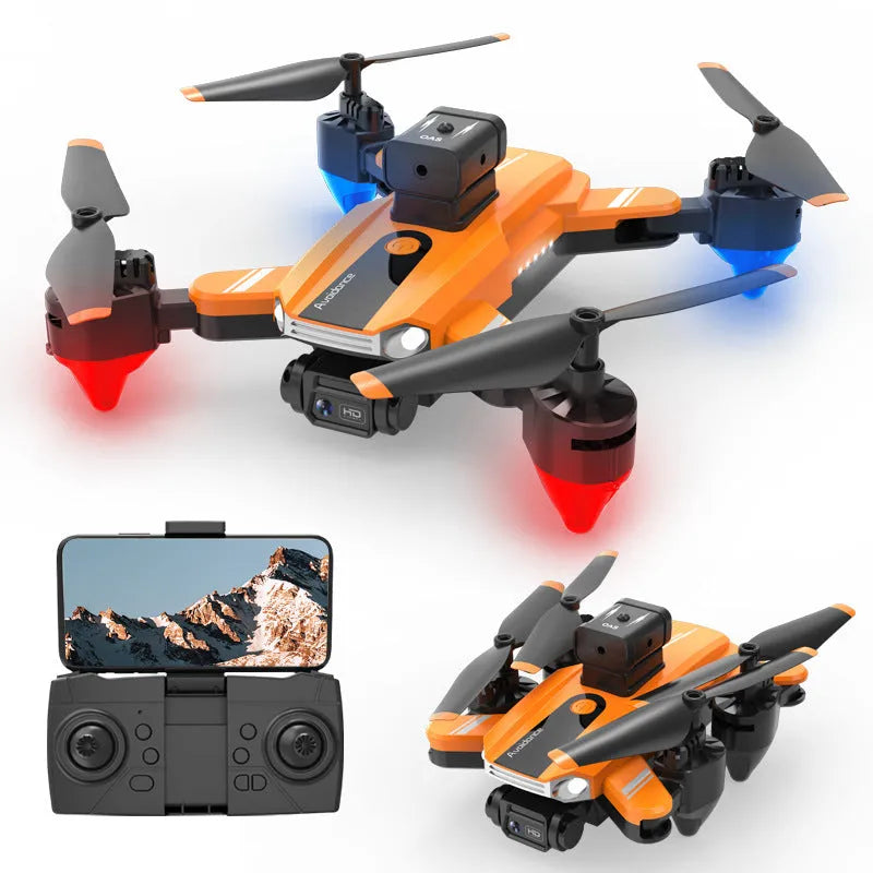 Orange quadcopter drone with four propellers and dual cameras showing obstacle avoidance sensors
