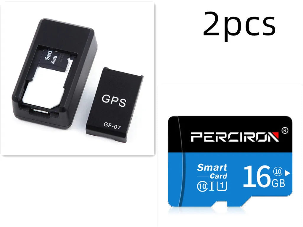 Black plastic magnetic GPS car tracker device measuring 35x20x14mm with USB charging cable