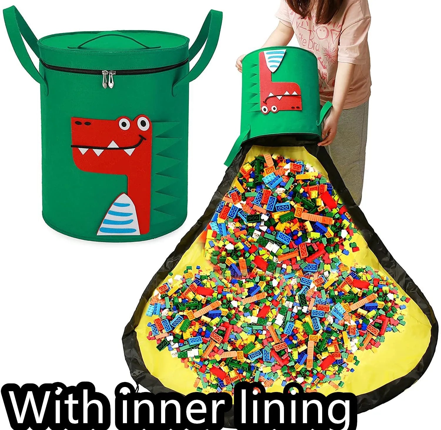 Green felt cube storage bag with pull rope, shown as a toy organiser and play mat.