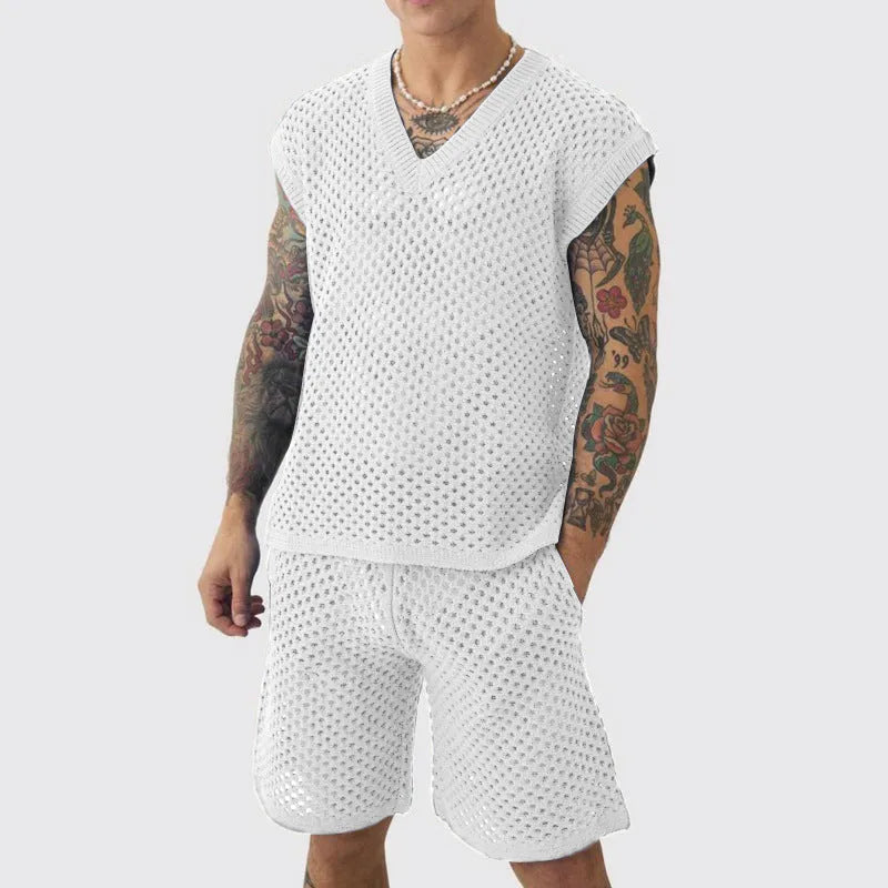 Men's sleeveless V-neck vest and shorts set in blue, black, white or khaki for summer sports