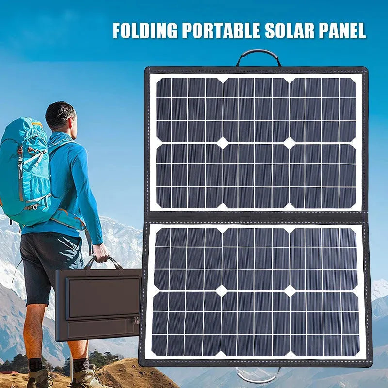 Black 40W single crystal solar panel inside a folded portable bag for outdoor charging