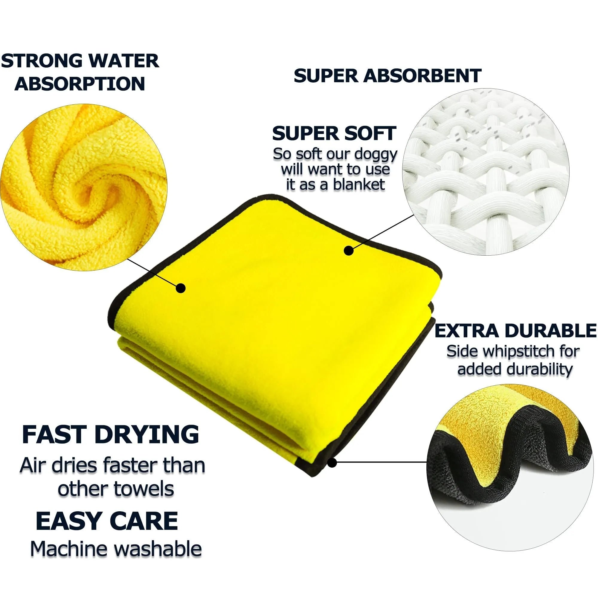 Yellow microfiber dog drying towel on hook, super absorbent for quick drying pets
