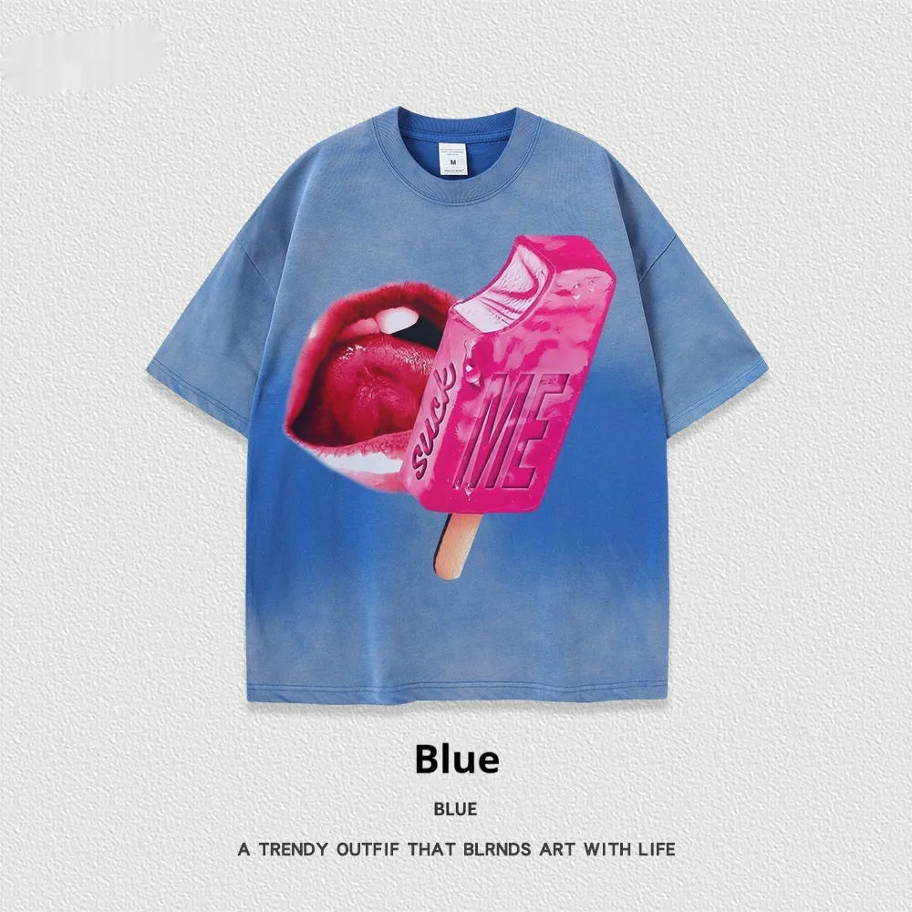 Loose fit heavy washed cotton t-shirt with a cartoon print on the front, shown in a selected colour.
