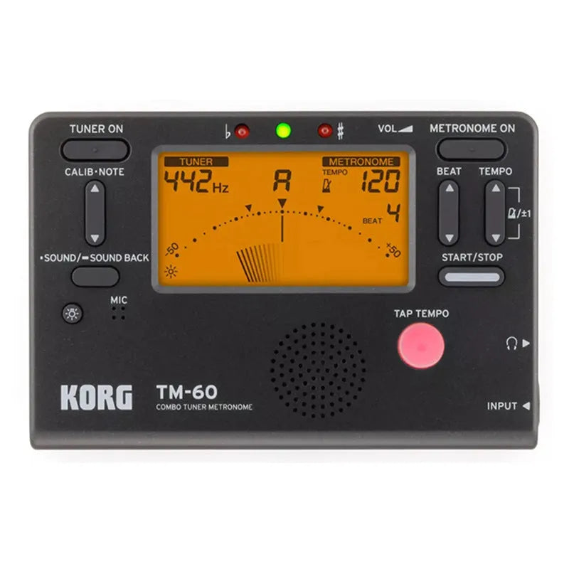 TM-60 black electronic metronome with display and controls for tempo and rhythm selection.