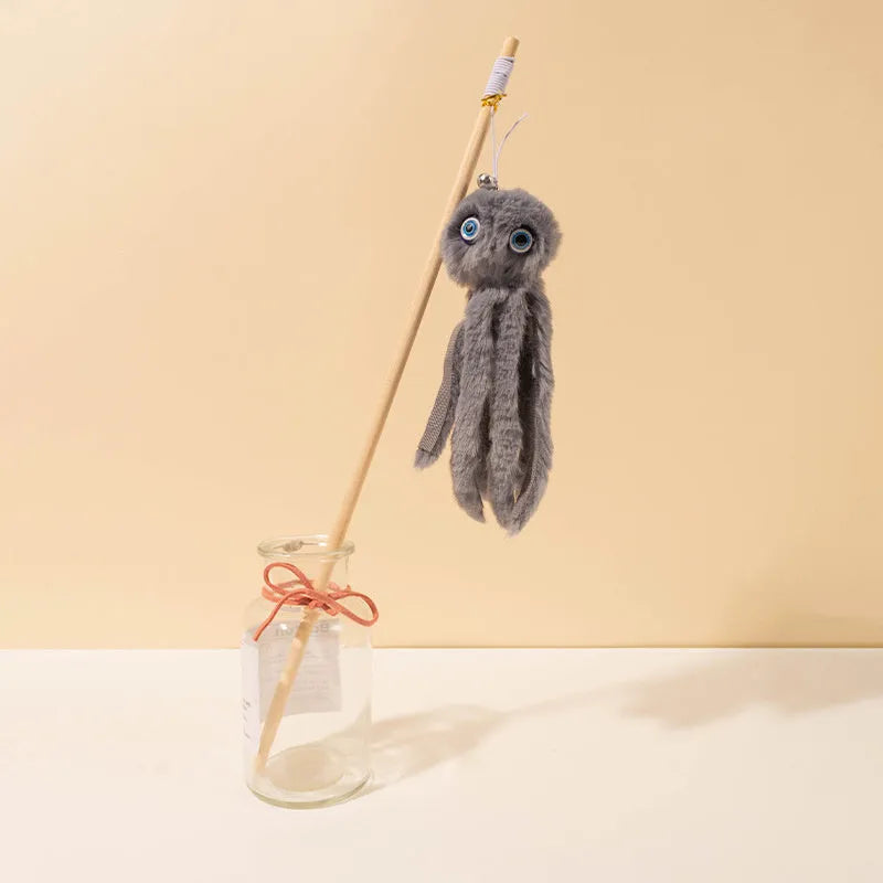 Octopus theme cat toy with long stick handle in bright pink purple red grey colours