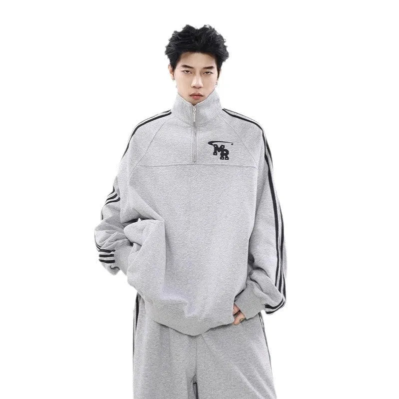 Black polyester stand collar hoodie with Hong Kong style casual sports design