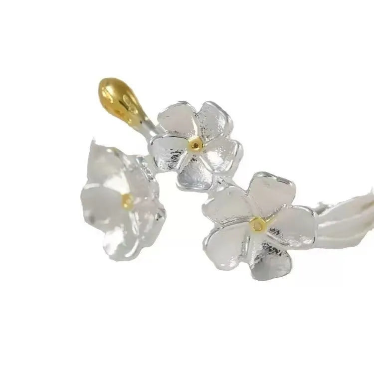 Three-dimensional jasmine flower ring with adjustable open-mouth design and electroplated finish