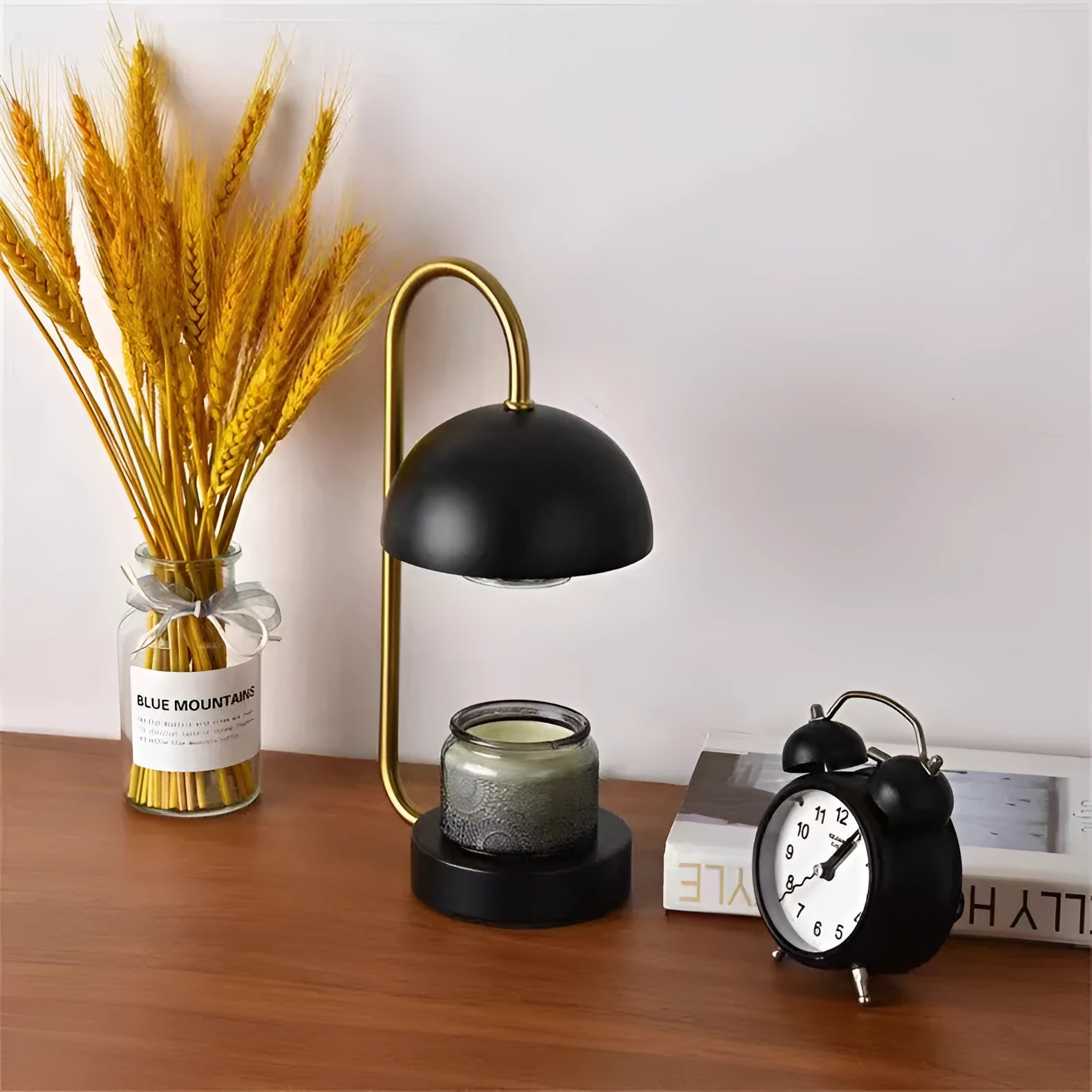 Solid wood aromatherapy wax melting lamp with dimmable knob on bedside table