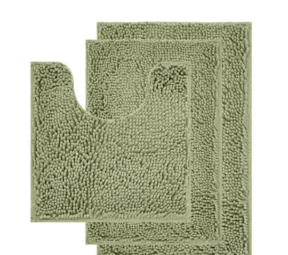 Chenille three-piece toilet mat set with U-shaped toilet seat cover in green colour options