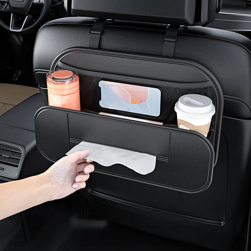 Black leather car seat rear storage bag organiser showing dimensions.