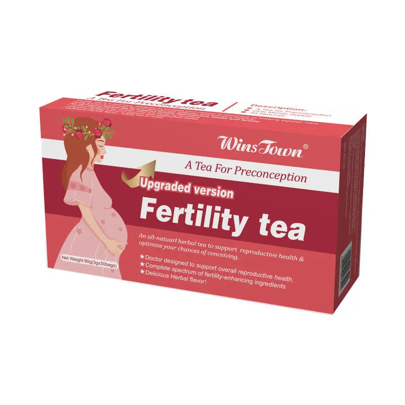 Fertility tea box containing 3 packs of 30 herbal tea bags for reproductive wellness support