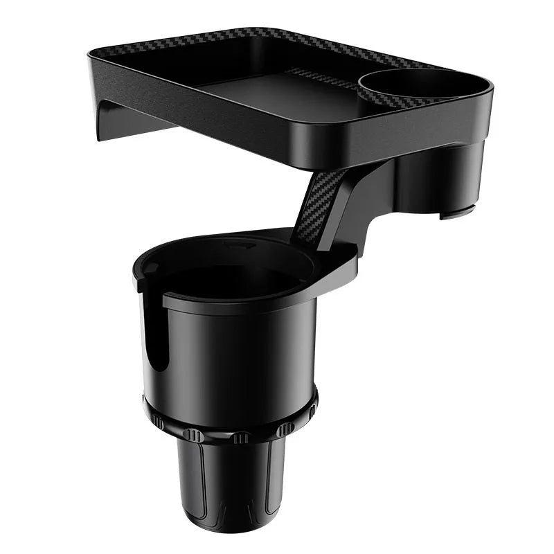 Black ABS plastic car dinner tray holder rotating in a vehicle cup holder.