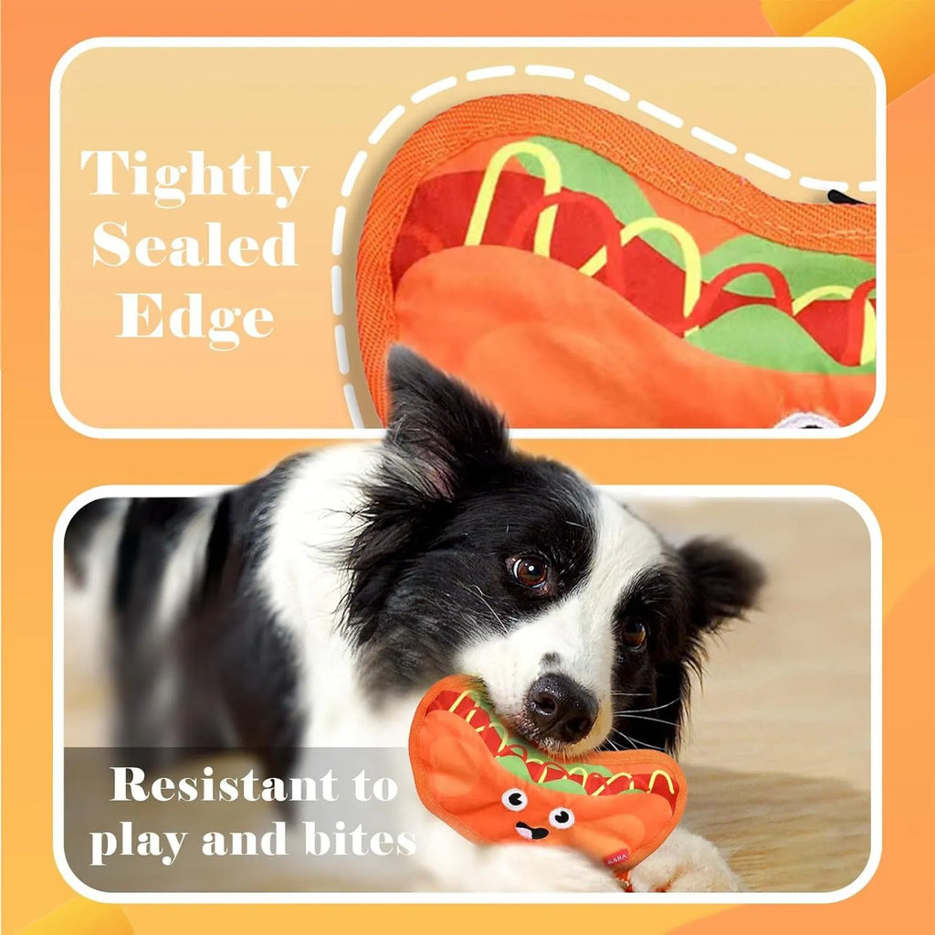 Crinkle and squeaky dog toy in hamburger, fries, hot dog, and pizza shapes.