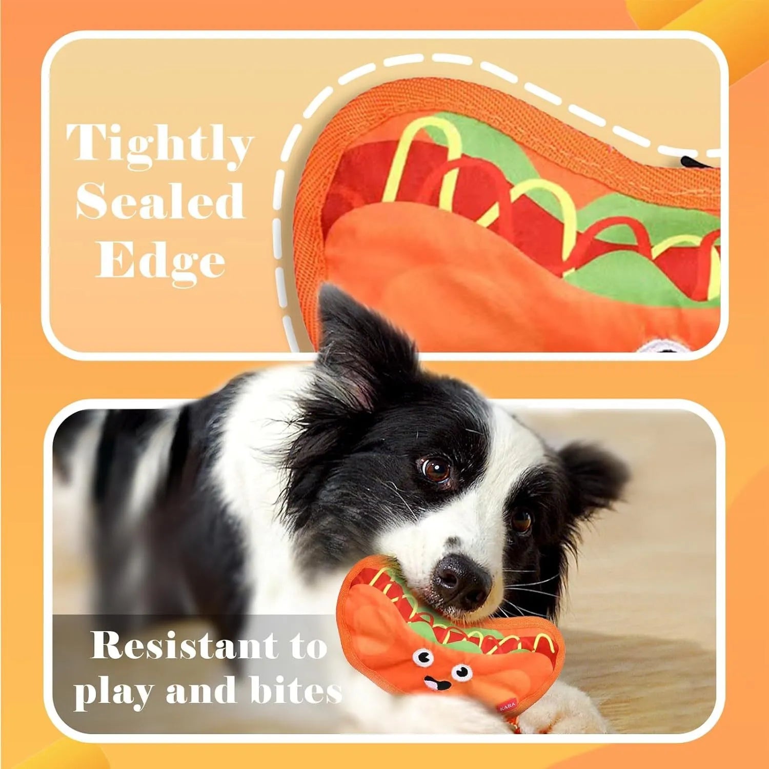 Crinkle and squeaky dog toy in hamburger, fries, hot dog, and pizza shapes.