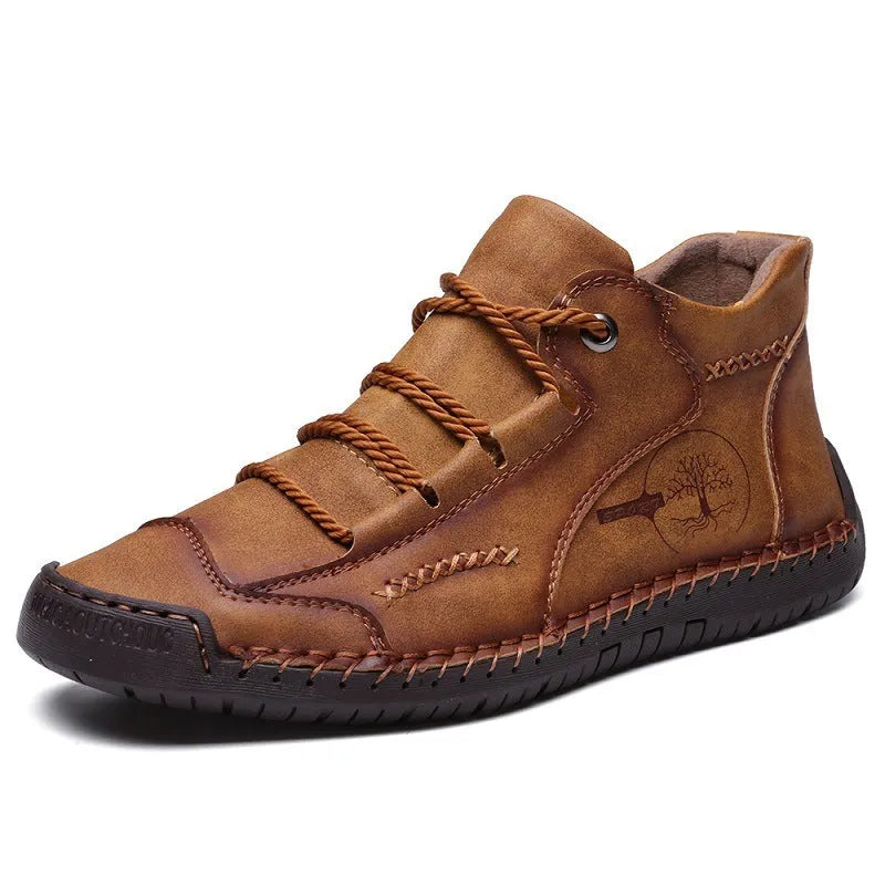 Men's high-top cowhide leather casual work boots round toe flat heel front lace-up solid colour