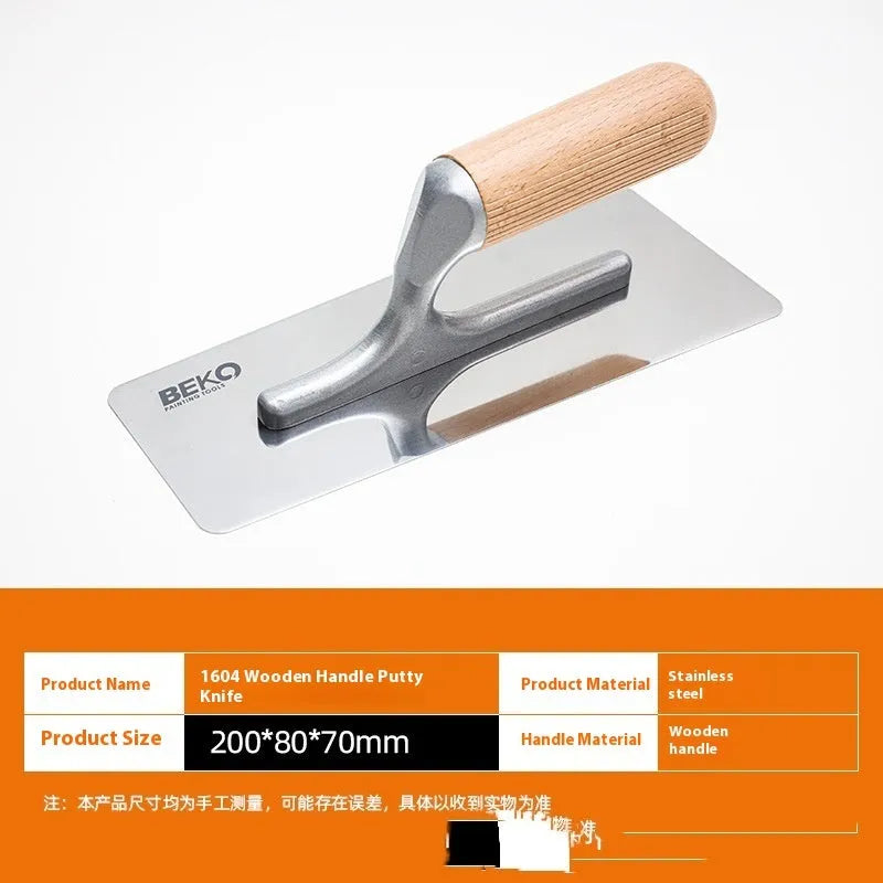 Stainless steel putty scraper with wooden handle for decorative floor and wall compound application