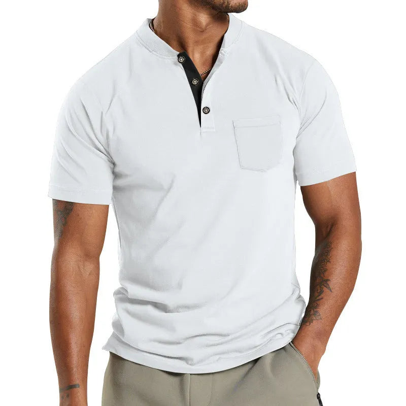 Plus size men's short sleeve button shirt with chest pocket in solid colour polyester fabric