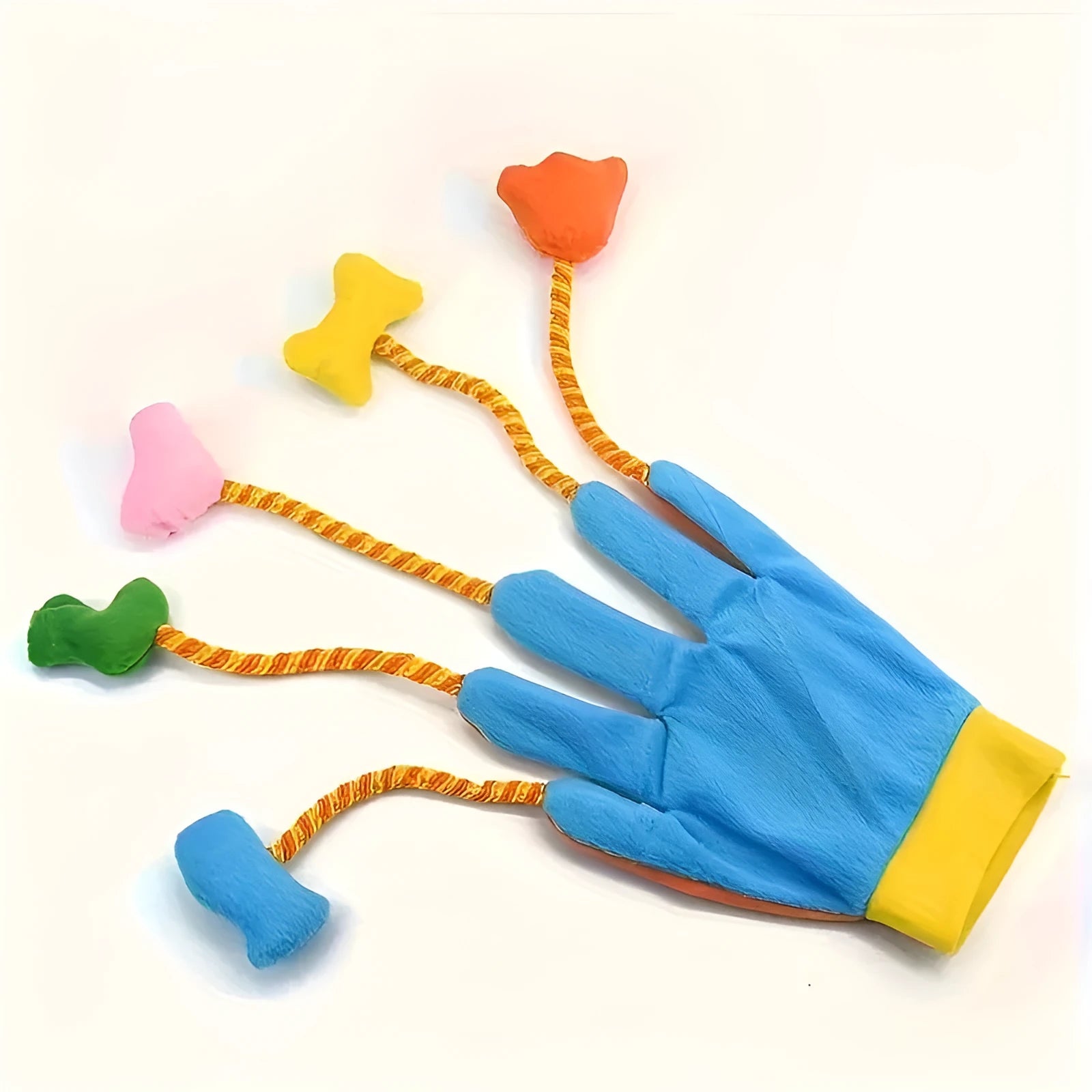Yellow and blue plush glove cat toy with a bell, shown next to a 40 cm ruler for scale.