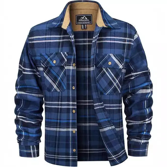 Men's polyester flannel button shirt with plaid pattern in green, navy, orange, and wine red colors available in sizes S to 5XL