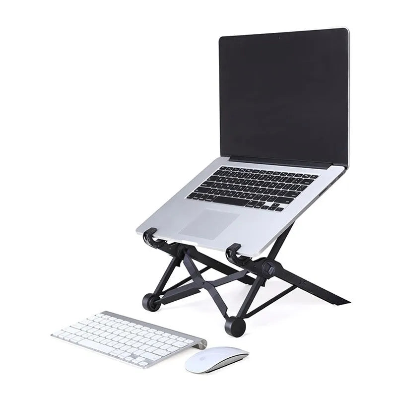 Sagacious black portable folding laptop bracket with carrying case shown at 40cm folded size
