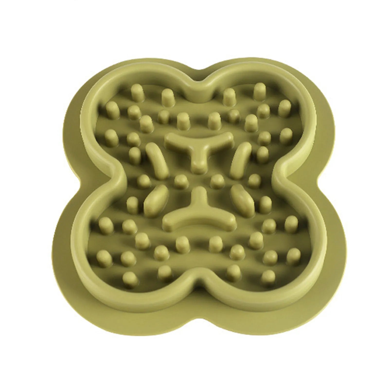 Blue silicone pet licking pad with textured surface and raised edges for slow feeding.