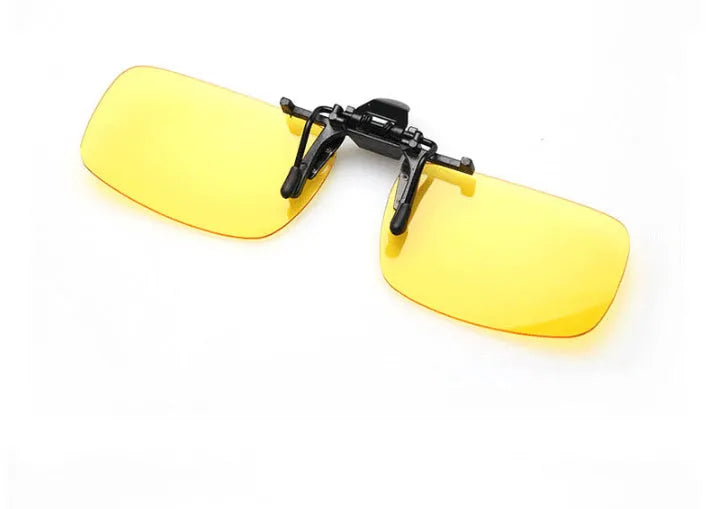 Clip-on driving sunglasses with plastic frame in grey, dark green, and night vision lens options.