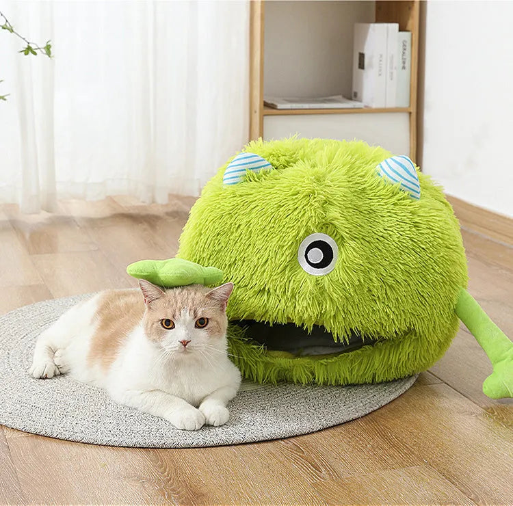 Round fluffy plush cat bed with a non-slip base, shown in three sizes.