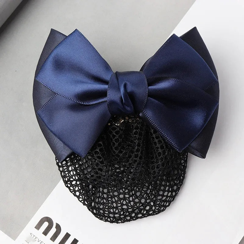 Professional waitress hair net with double bow clip in various colours including black, red, and blue mesh